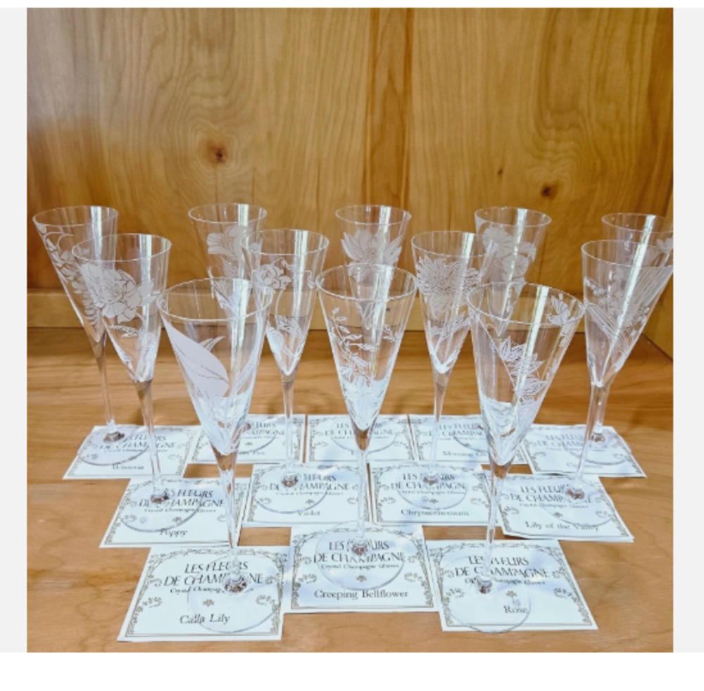 Franklin Mint Les Fleurs de Champagne – Complete 12 Crystal Flute Set COA, Boxes